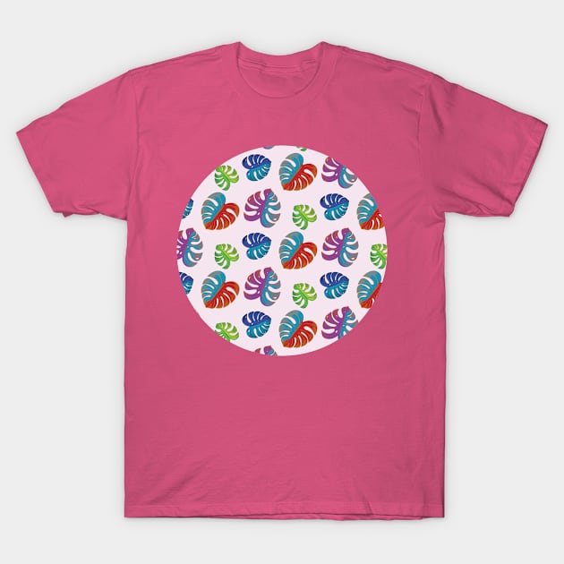 Red and blue Monstera leaves T-Shirt by AnnArtshock